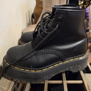 Dr. Martens Black Leather Platform Lace-Up Boots with Yellow Stitching